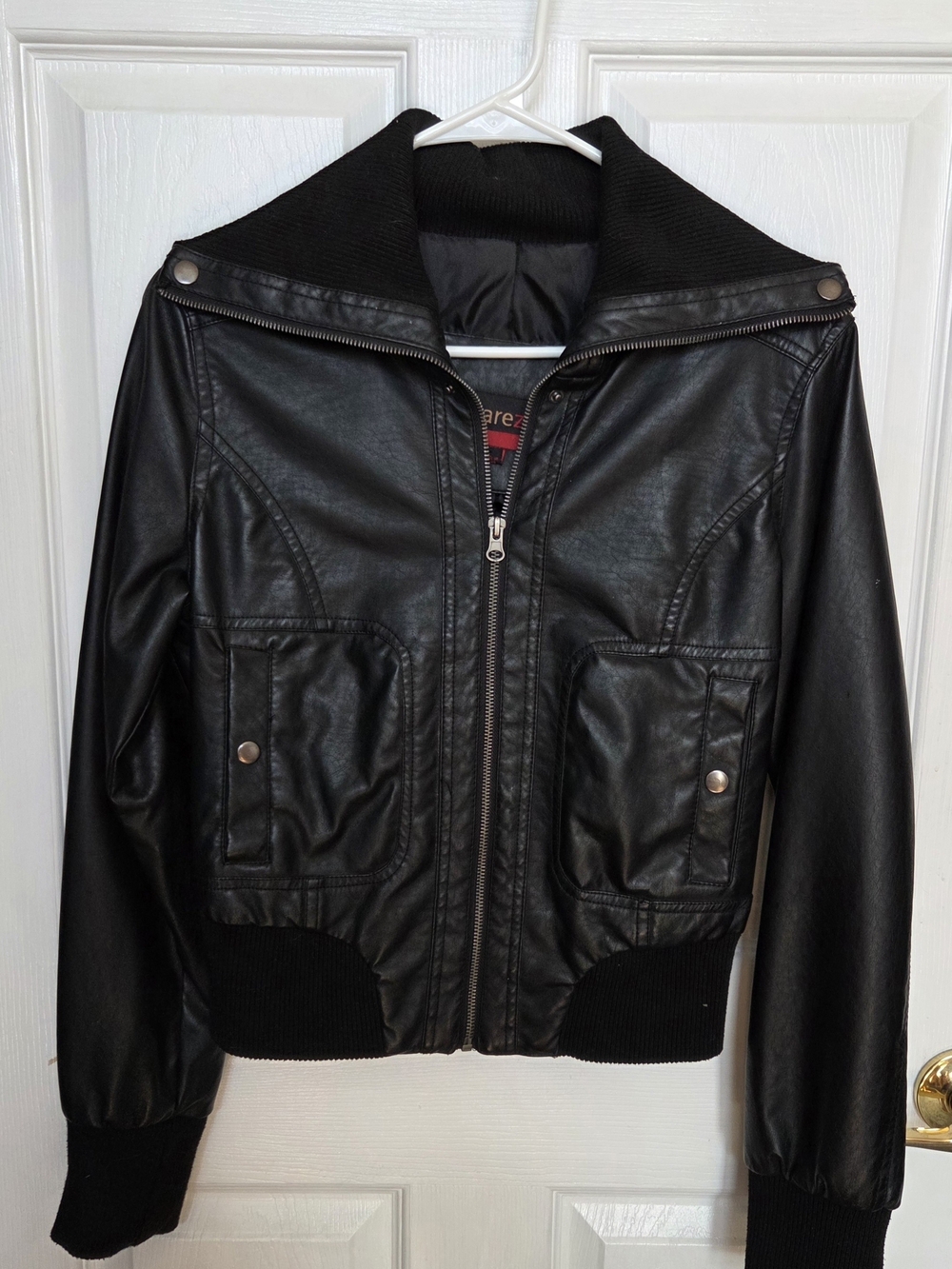 Black Bomber Jacket with Ribbed Collar and Pockets